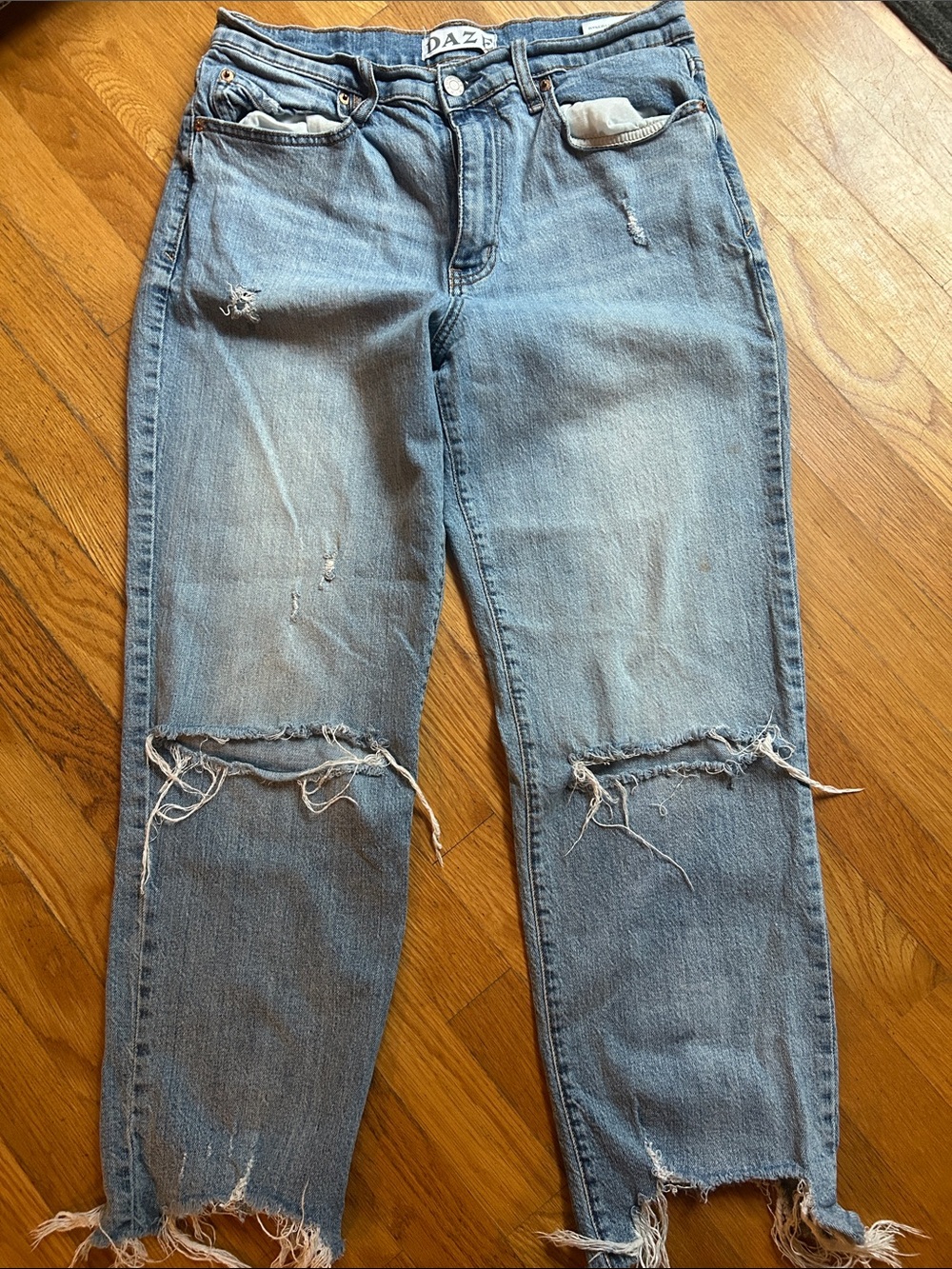 DAZE Distressed Vintage Light Blue Boyfriend Jeans with frayed fringed hem/knees